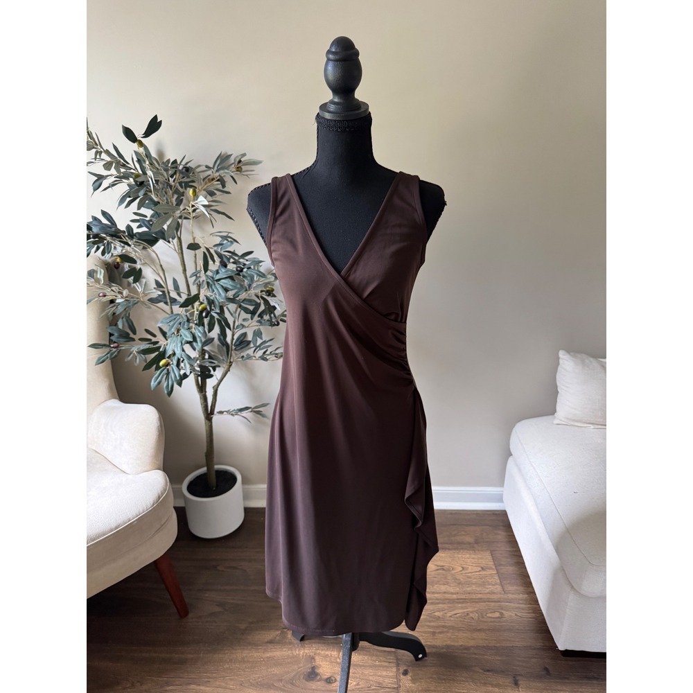 The Limited Womens Brown Sleeveless Faux Wrap Ruched Ruffle Sheath Dress Medium